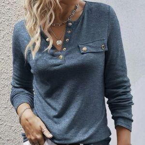Stylish “Hallie” Henley Teal Button-Accent Women's Top